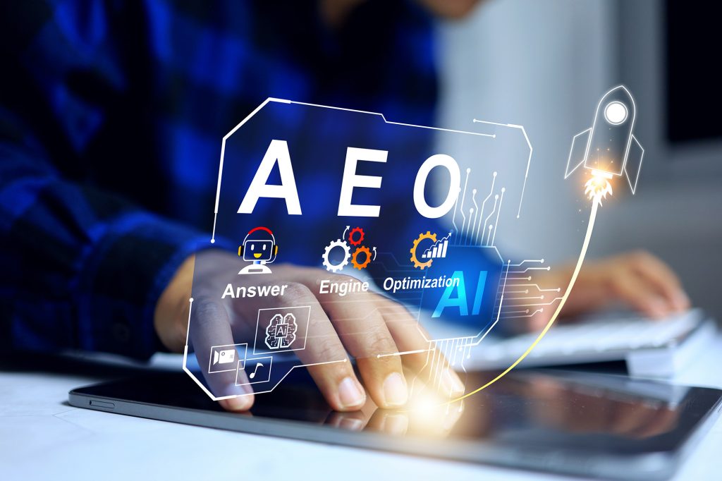 Digital marketer analyzing conversational search and answer engine optimization concepts on AI-powered search interfaces in 2026