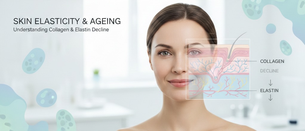 Illustration showing skin cross-section of a woman in her 30s highlighting collagen and elastin decline and early signs of aging