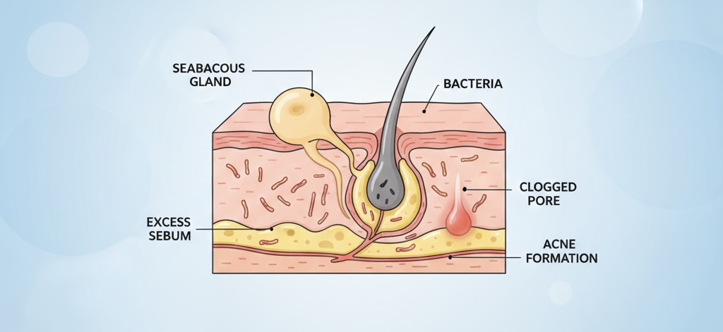 Educational illustration of oily skin showing clogged pores, excess sebum, and acne formation with sebaceous glands and bacteria.