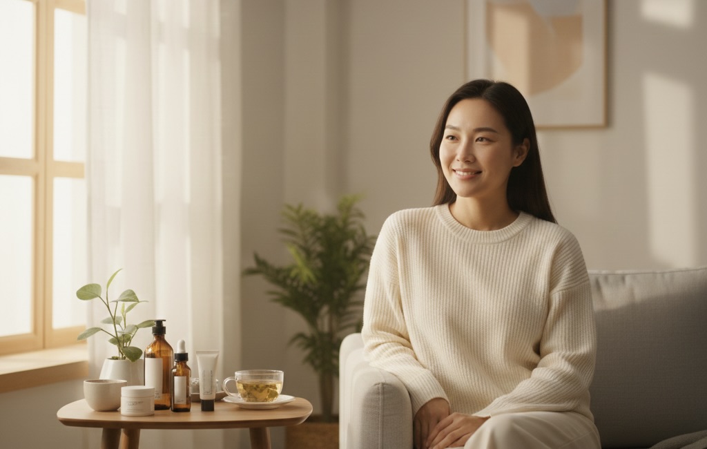 Confident woman with clear, balanced skin in a bright, sunny room with natural skincare products, representing calm and healthy skin care habits.