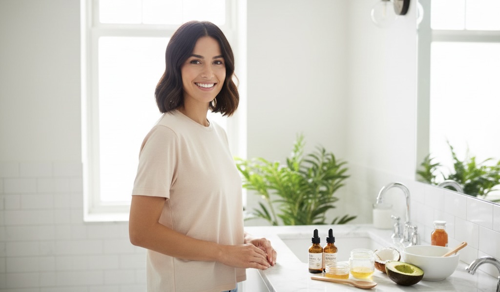 Confident woman with dry, frizzy hair smiling indoors with natural hair oils and DIY hair masks on a vanity, showing healthy, shiny hair transformation.