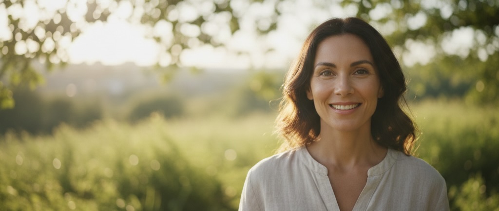 Confident woman in her late 30s with radiant skin smiling outdoors, representing healthy aging and long-term skincare.
