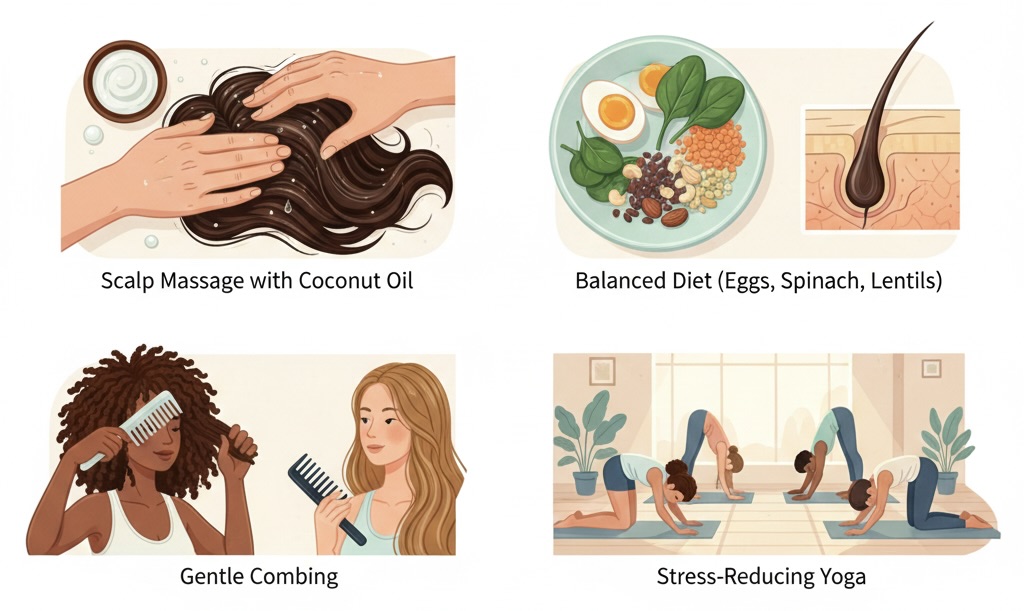 Illustration of natural hair fall prevention showing scalp massage, nutrient-rich diet, gentle hair care, and stress management tips, emphasizing healthy hair growth for all hair types.