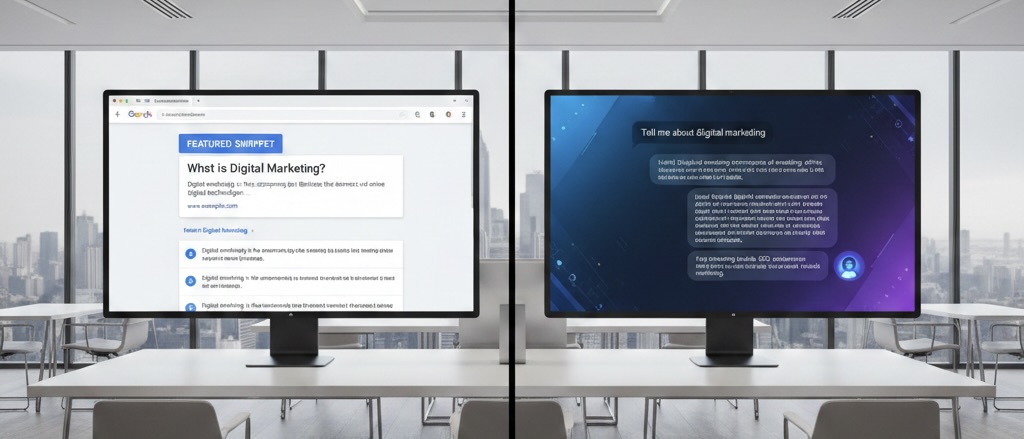 Comparison between featured snippets and AI answer engines showing differences in how search results and AI-generated answers deliver information to users.
