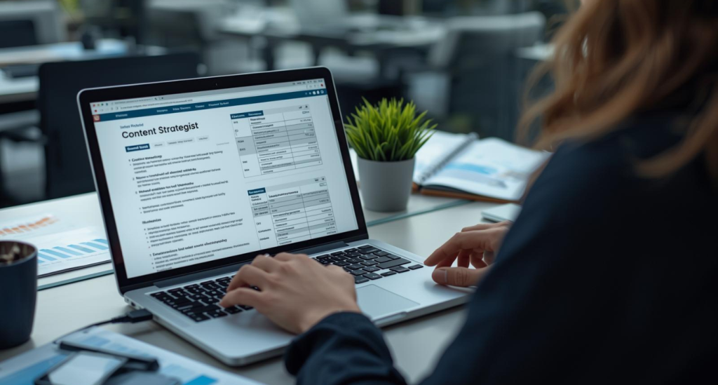 A content strategist’s workspace illustrating structured content optimized for AI answer engines. Laptop screen shows headings, bullet points, and tables, highlighting AEO techniques for digital marketing visibility.