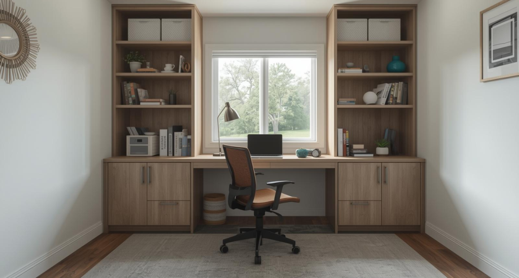 Small home office with ergonomic furniture, laptop, organized storage, and natural light designed for productivity and comfort.