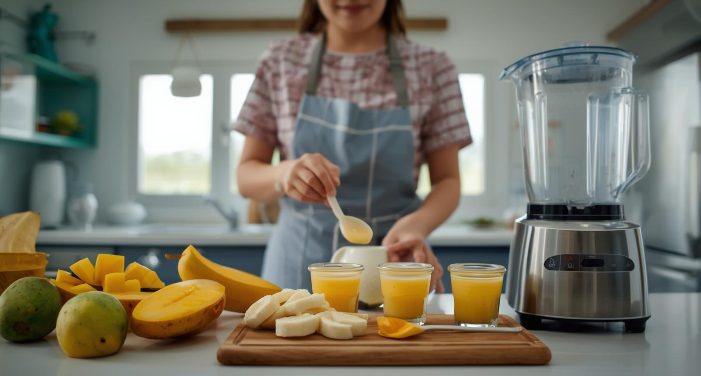 Malaysian mother preparing fresh mango and banana purees for her baby, with peeled fruits, blender, and glass jars, illustrating healthy homemade baby food preparation.