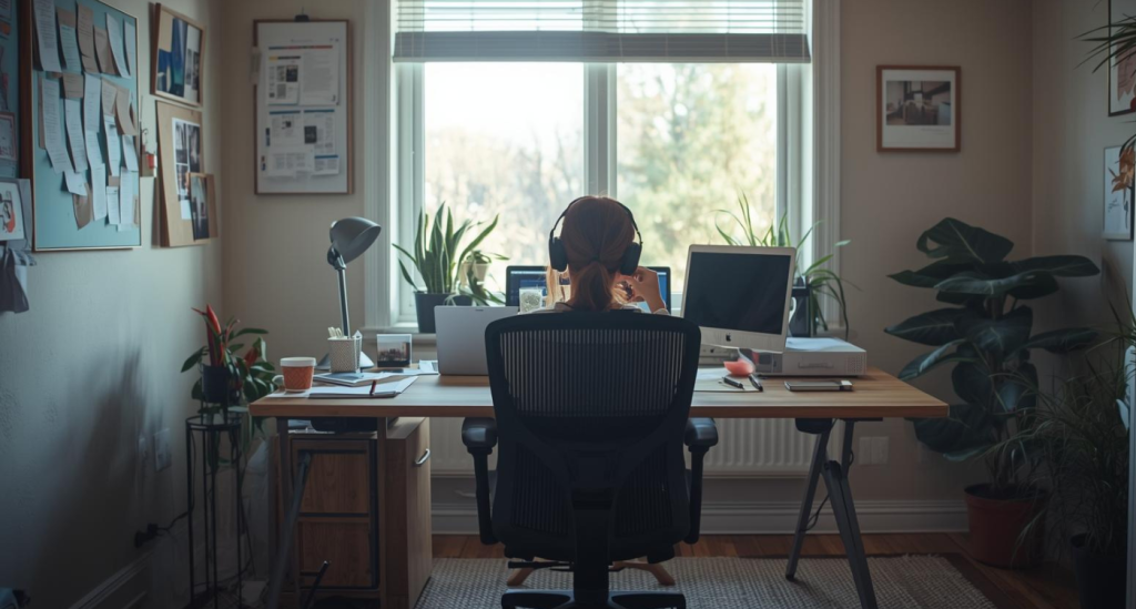 Remote professional at a home office with organized desk, laptop, ergonomic chair, natural lighting, and a coffee break, demonstrating work-life balance strategies.