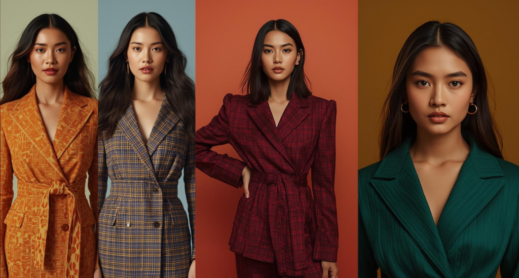 Medium skin tone woman wearing jewel, warm, and suitable tones, radiantly glowing in stylish outfits that enhance natural complexion.