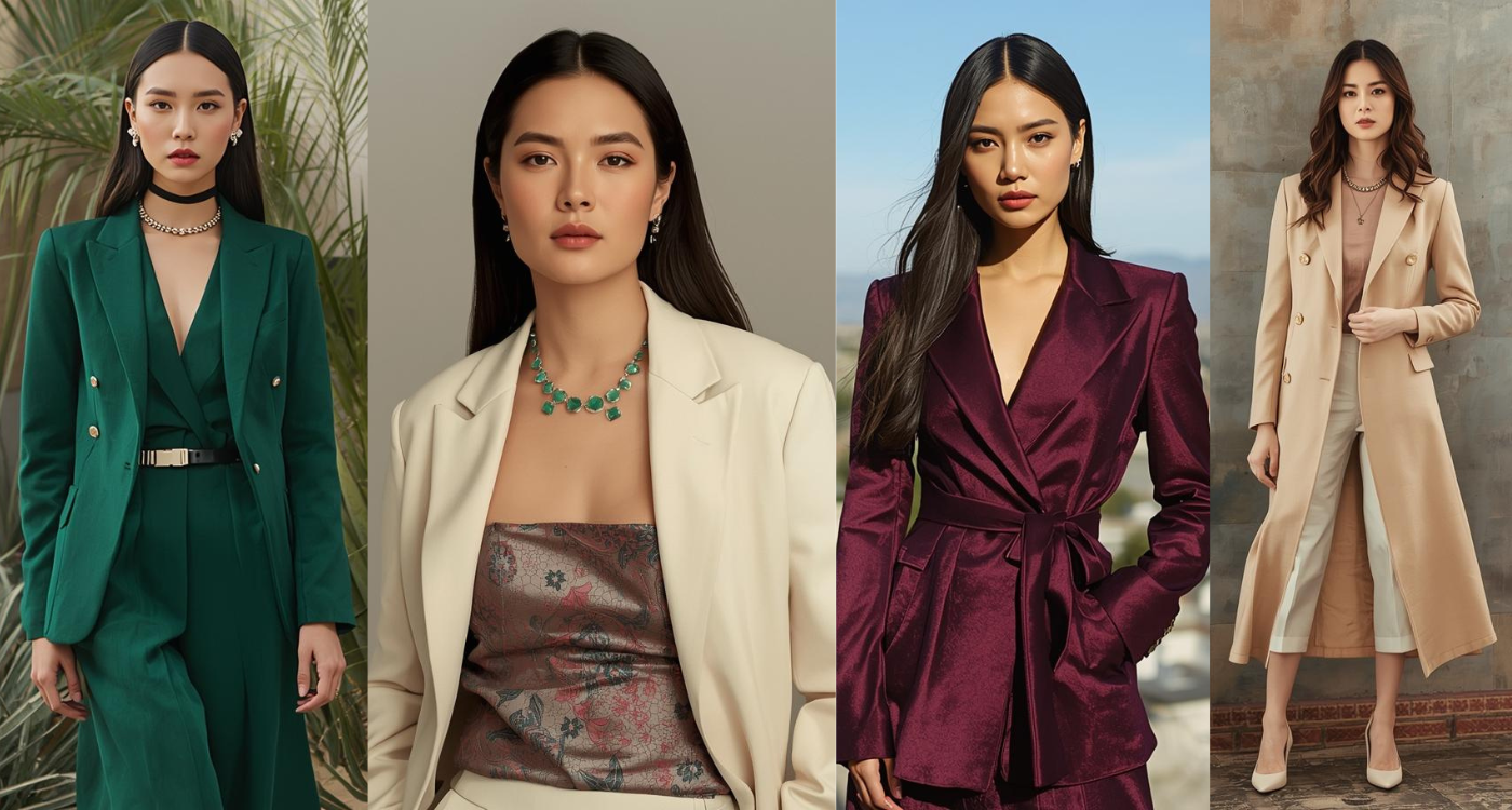 Fashionable woman wearing jewel tones paired with neutral shades, creating a stylish, balanced, and elegant outfit.