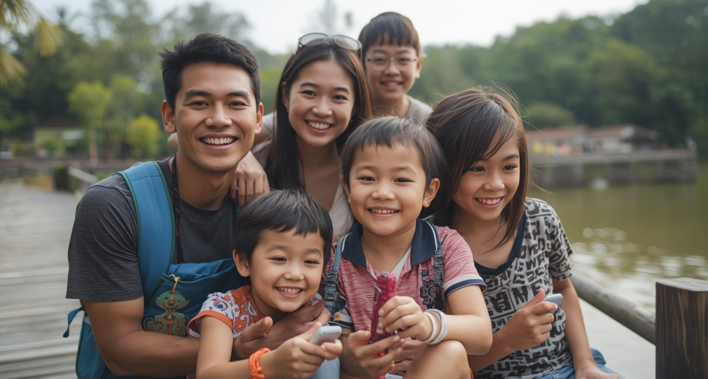 Family-friendly travel in Malaysia showing kids enjoying Langkawi SkyCab, Desaru water park, and Malacca heritage attractions during a safe and educational family vacation.
