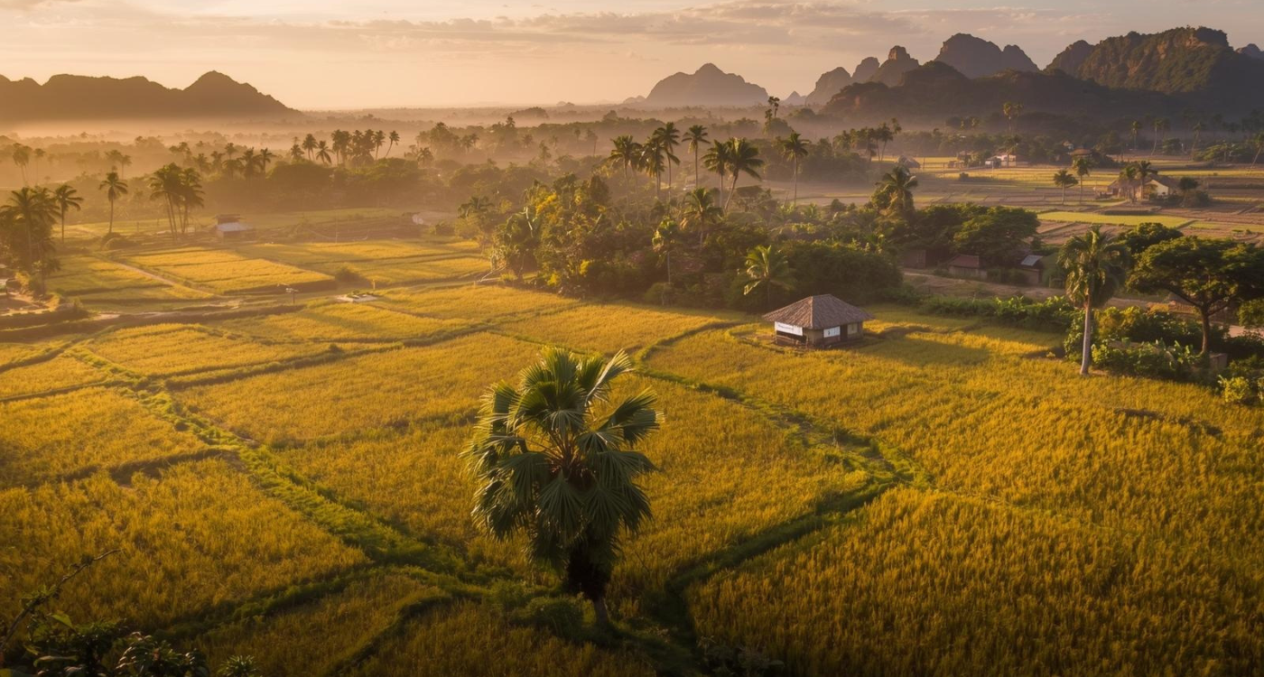 Aerial view of Perlis countryside with paddy fields, limestone hills, and traditional Malay houses at sunrise – showcasing Malaysia’s smallest state for travel, nature, and cultural experiences.