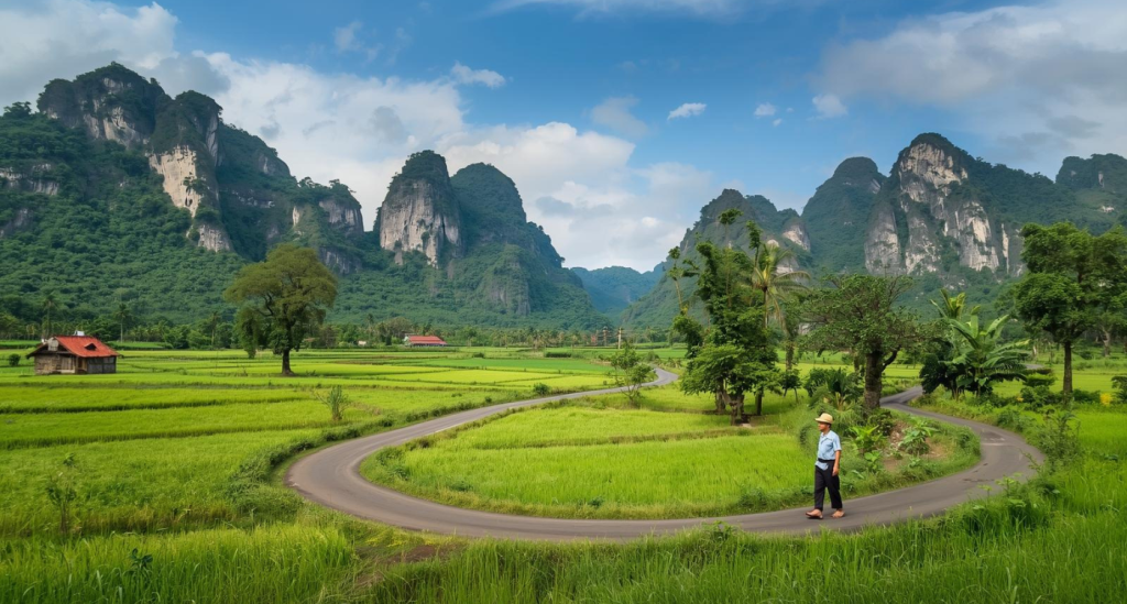 Panoramic view of Perlis countryside with limestone cliffs and lush greenery, highlighting quiet, adventure-filled landscapes in Malaysia for travelers.