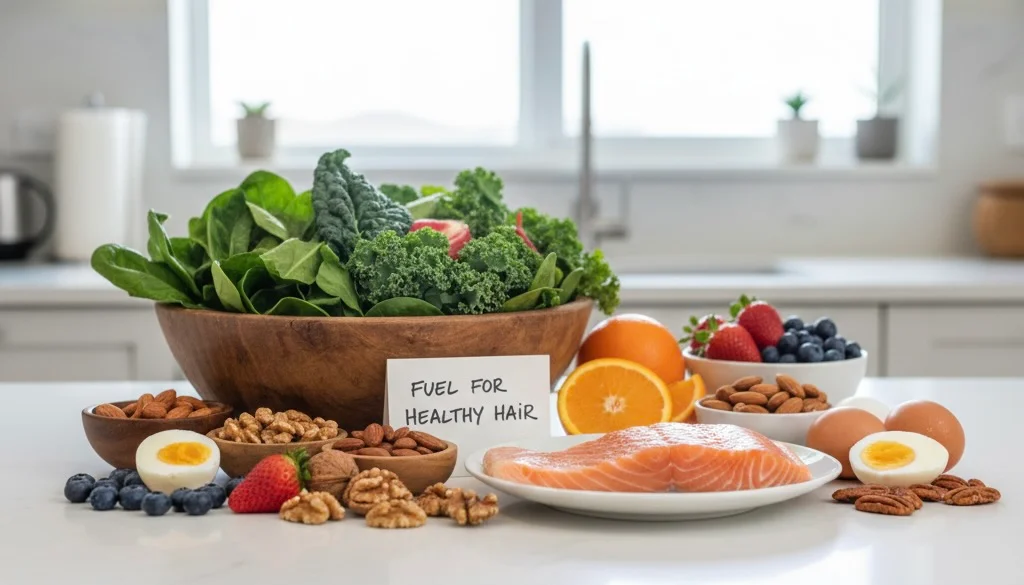 A nutrient-rich meal setup including salmon, eggs, nuts, and leafy greens to promote strong, healthy hair and reduce hair fall naturally.