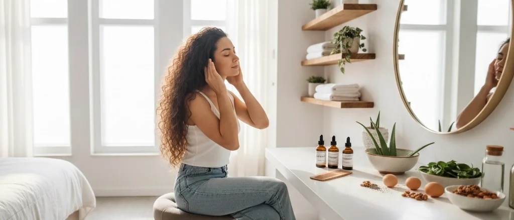 A person practicing natural hair care at home by massaging oil into their scalp, surrounded by hair growth essentials like natural oils, aloe vera, and nutrient-rich foods, illustrating a holistic approach to growing hair faster naturally through scalp care, healthy habits, and proper nutrition.